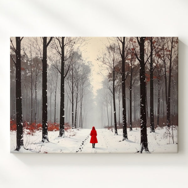 Red Coat in Foggy Forest Canvas – Haunting Winter Solitude Wall Art - Gifitto