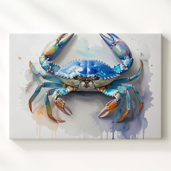 Vibrant Blue Crab Watercolor Canvas – Coastal Sea Life Wall Art