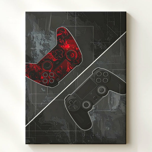 Cyber Duel Gaming Canvas – Red vs. Gray Controller Art with Digital Circuit Theme - Gifitto