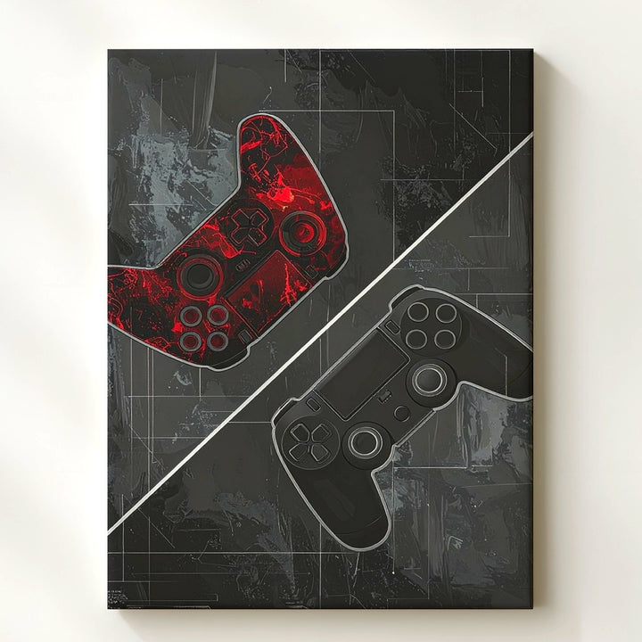 Cyber Duel Gaming Canvas – Red vs. Gray Controller Art with Digital Circuit Theme - Gifitto