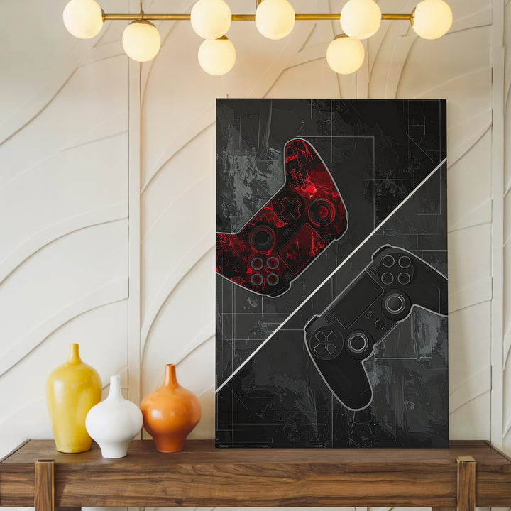 Cyber Duel Gaming Canvas – Red vs. Gray Controller Art with Digital Circuit Theme - Gifitto