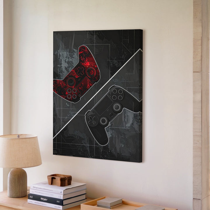 Cyber Duel Gaming Canvas – Red vs. Gray Controller Art with Digital Circuit Theme - Gifitto
