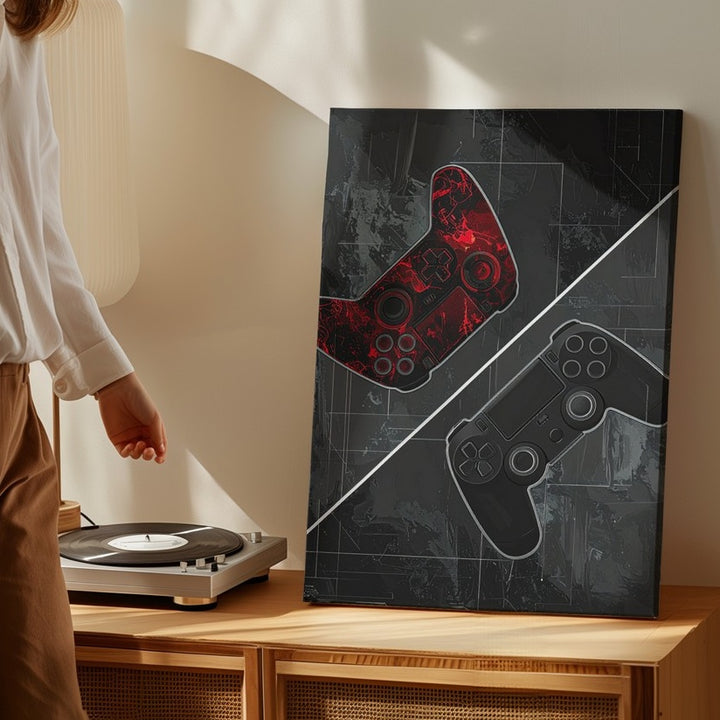 Cyber Duel Gaming Canvas – Red vs. Gray Controller Art with Digital Circuit Theme - Gifitto