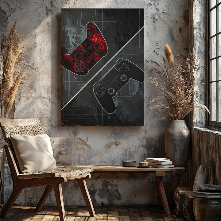 Cyber Duel Gaming Canvas – Red vs. Gray Controller Art with Digital Circuit Theme - Gifitto