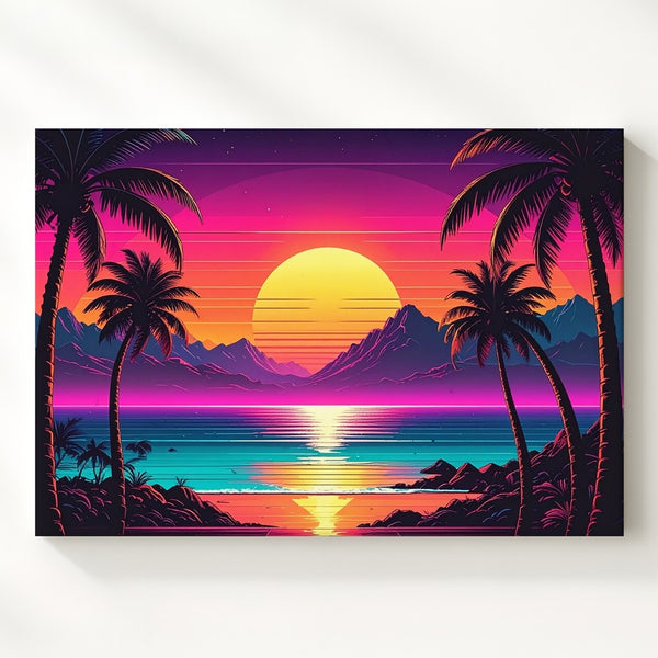Neon Sunset Tropics Canvas – Retro Synthwave Ocean Wall Art - Gifitto