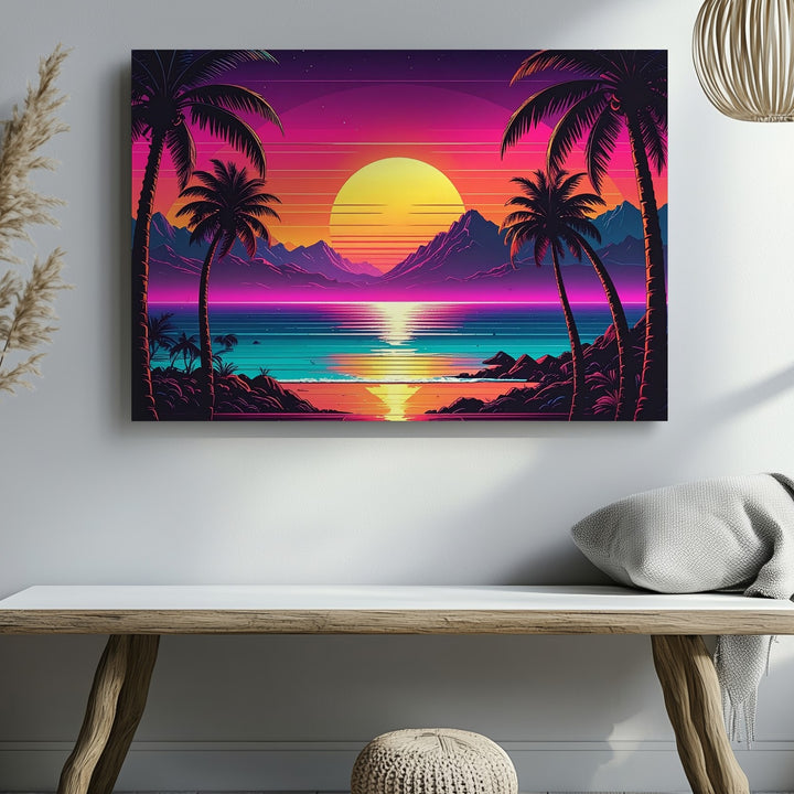 Neon Sunset Tropics Canvas – Retro Synthwave Ocean Wall Art - Gifitto