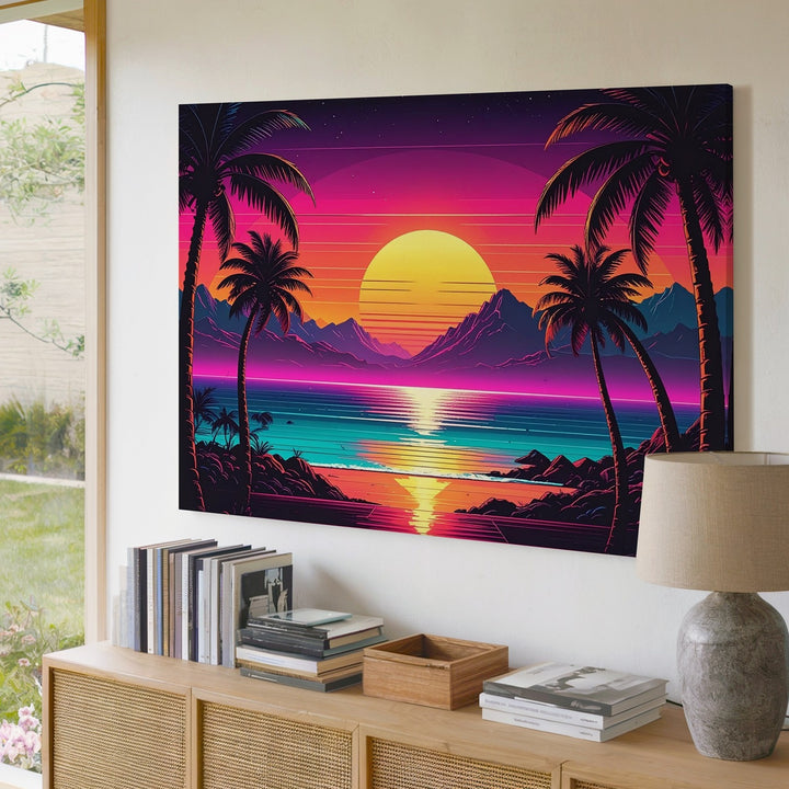 Neon Sunset Tropics Canvas – Retro Synthwave Ocean Wall Art - Gifitto