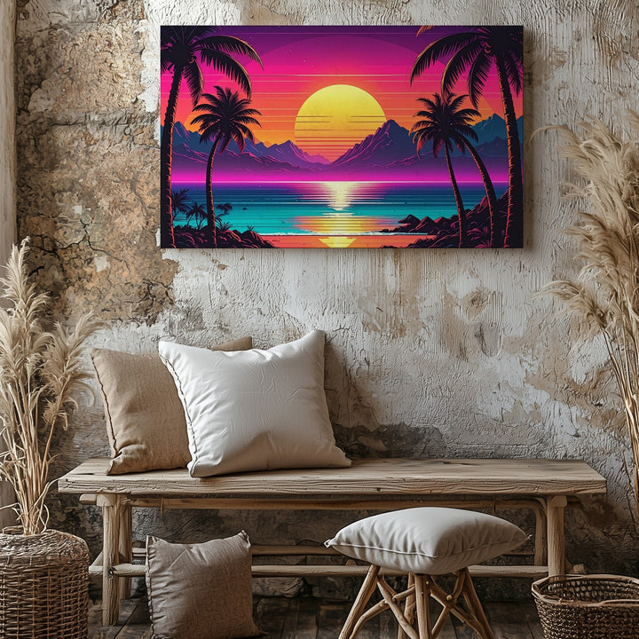 Neon Sunset Tropics Canvas – Retro Synthwave Ocean Wall Art - Gifitto