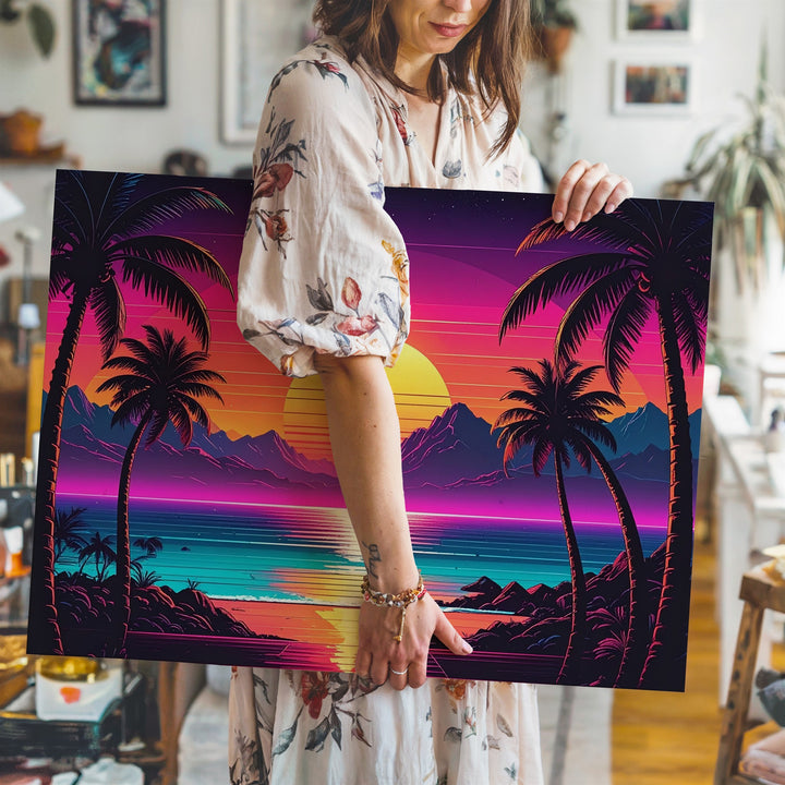 Neon Sunset Tropics Canvas – Retro Synthwave Ocean Wall Art - Gifitto