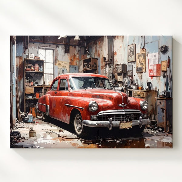 Restoration Glory Canvas – Classic Red & White Car in Vintage Garage - Gifitto