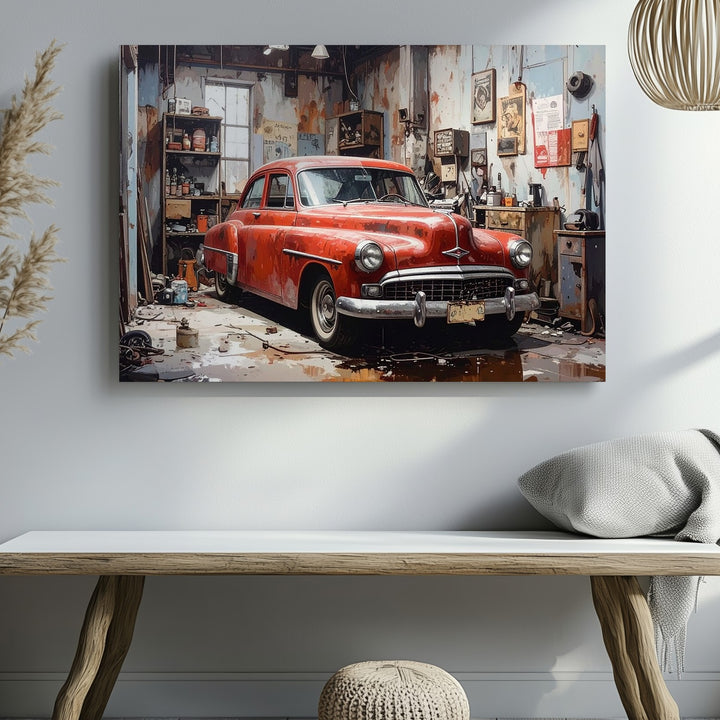 Restoration Glory Canvas – Classic Red & White Car in Vintage Garage - Gifitto