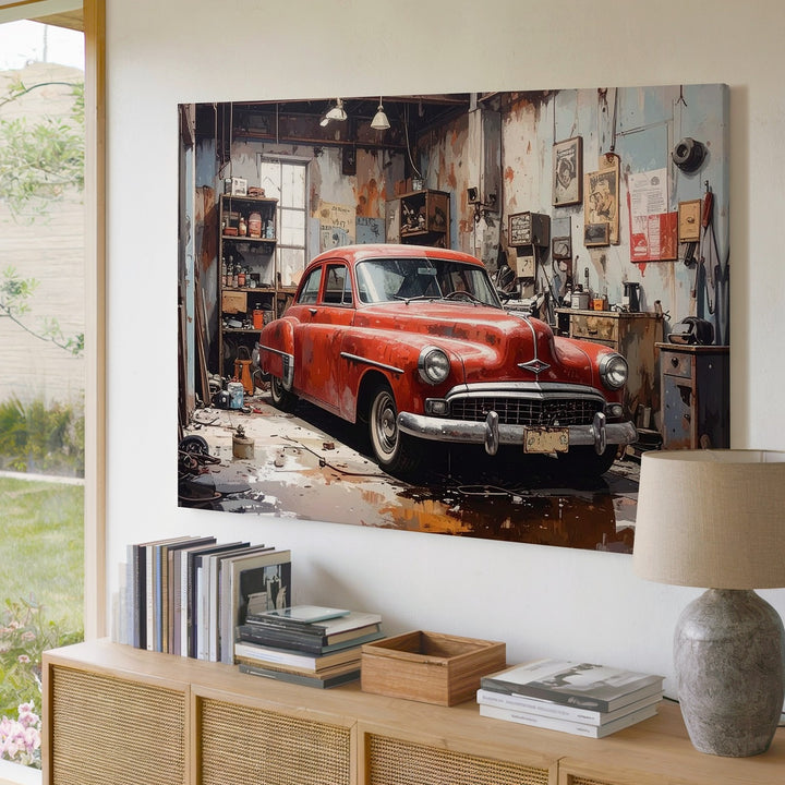Restoration Glory Canvas – Classic Red & White Car in Vintage Garage - Gifitto