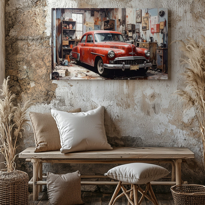 Restoration Glory Canvas – Classic Red & White Car in Vintage Garage - Gifitto