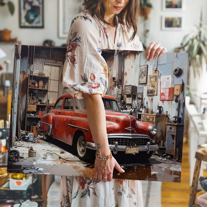 Restoration Glory Canvas – Classic Red & White Car in Vintage Garage - Gifitto