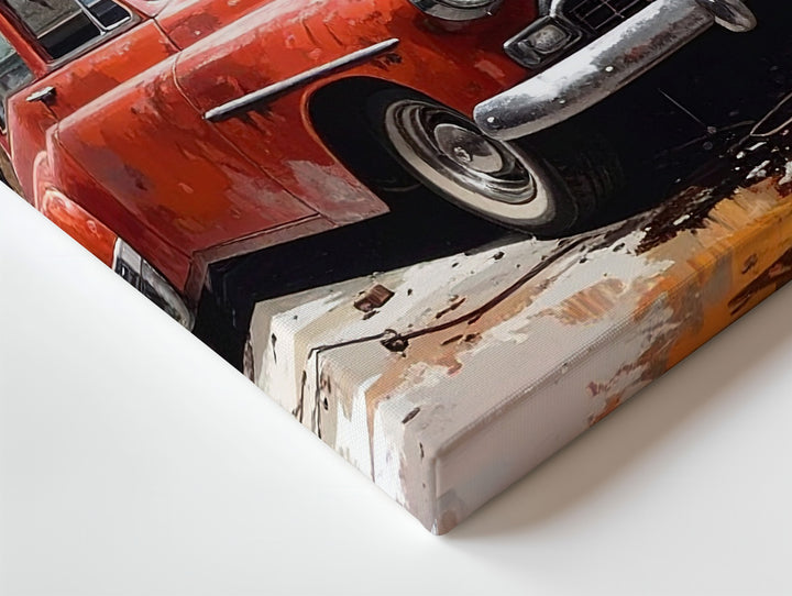 Restoration Glory Canvas – Classic Red & White Car in Vintage Garage - Gifitto