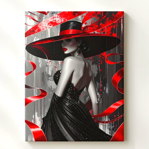 Elegant Woman in Red Hat Canvas – Fashion-Inspired Portrait with Dynamic Ribbons - Gifitto
