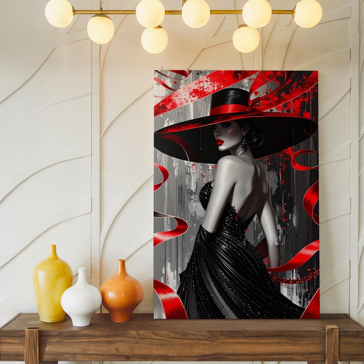 Elegant Woman in Red Hat Canvas – Fashion-Inspired Portrait with Dynamic Ribbons - Gifitto