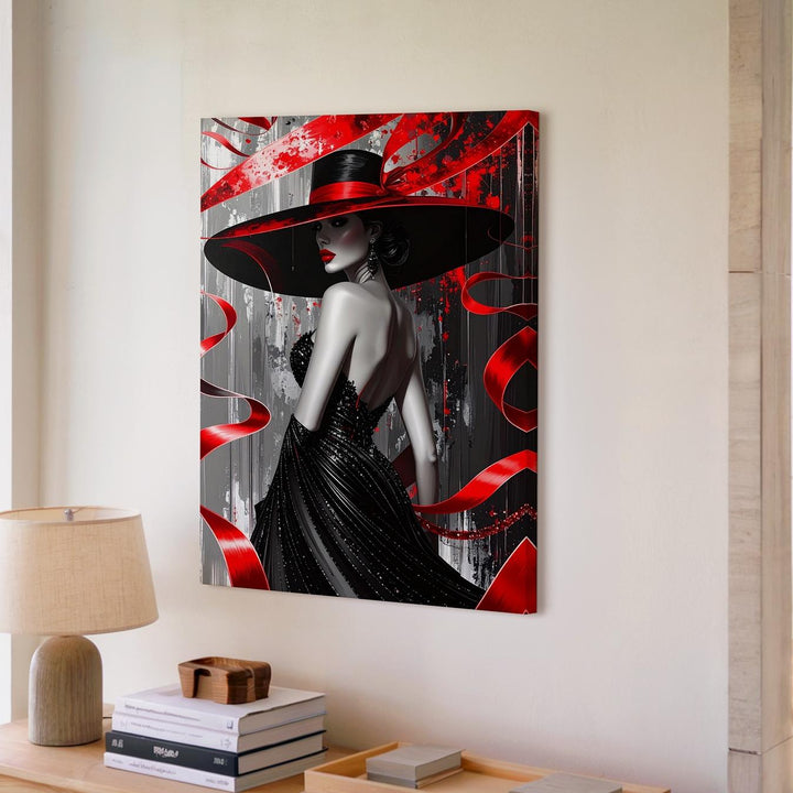 Elegant Woman in Red Hat Canvas – Fashion-Inspired Portrait with Dynamic Ribbons - Gifitto