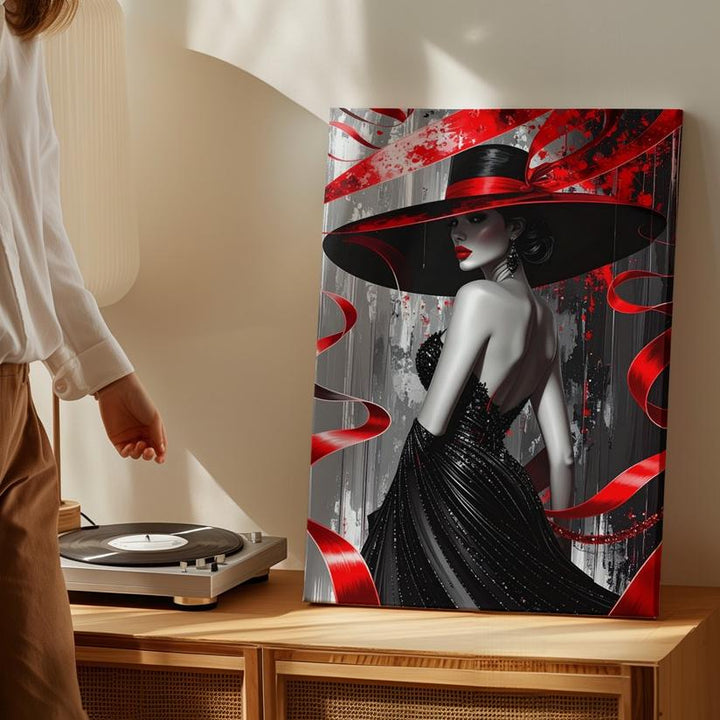 Elegant Woman in Red Hat Canvas – Fashion-Inspired Portrait with Dynamic Ribbons - Gifitto
