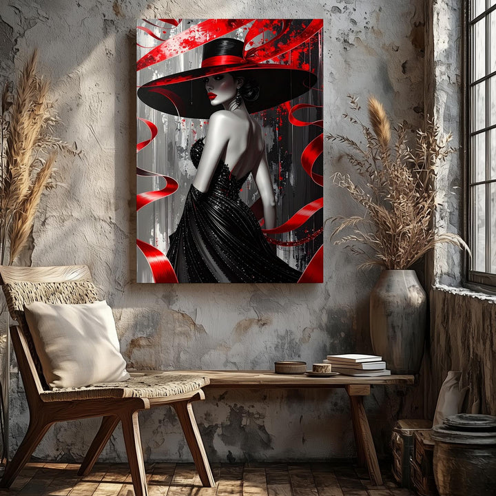 Elegant Woman in Red Hat Canvas – Fashion-Inspired Portrait with Dynamic Ribbons - Gifitto