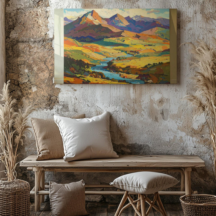 Abstract Impressionist Landscape Canvas – Multicolor Mountains & River Art - Gifitto