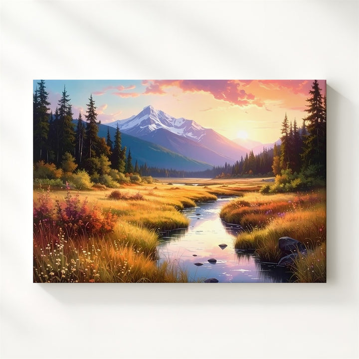 Golden Valley Sunset Canvas – Glowing Stream, Mountain Peak & Twilight Sky - Gifitto