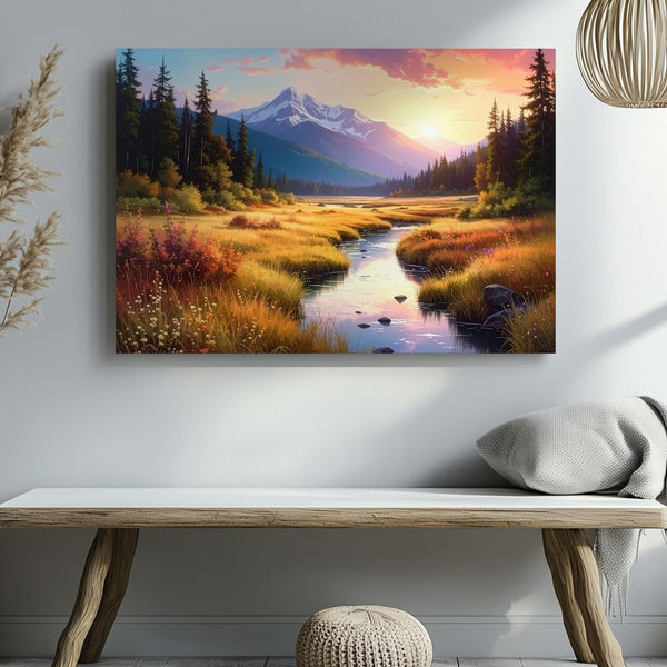 Golden Valley Sunset Canvas – Glowing Stream, Mountain Peak & Twilight Sky - Gifitto