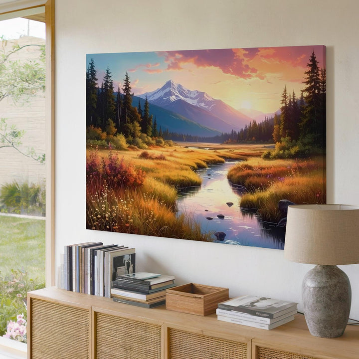 Golden Valley Sunset Canvas – Glowing Stream, Mountain Peak & Twilight Sky - Gifitto