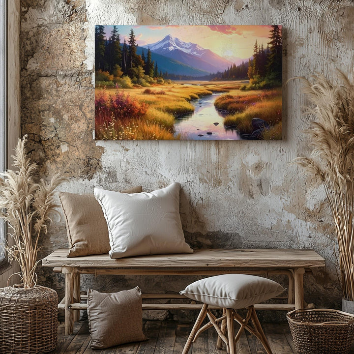 Golden Valley Sunset Canvas – Glowing Stream, Mountain Peak & Twilight Sky - Gifitto