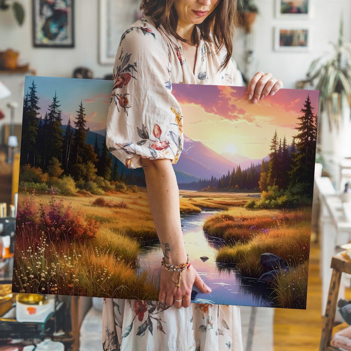 Golden Valley Sunset Canvas – Glowing Stream, Mountain Peak & Twilight Sky - Gifitto