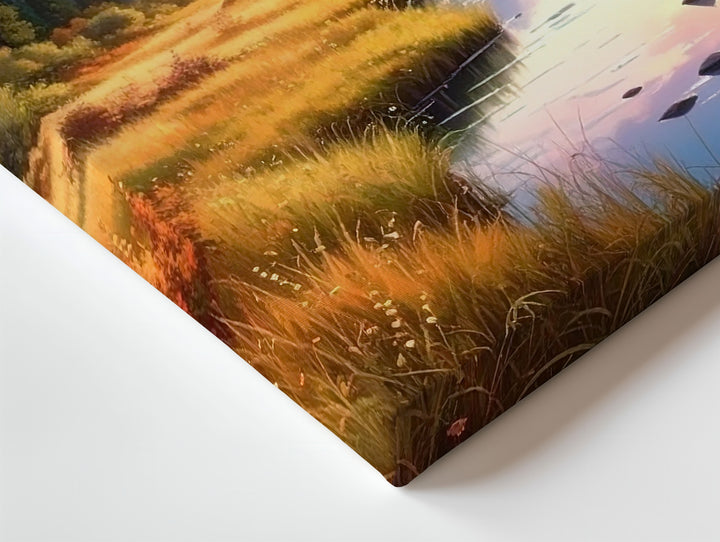 Golden Valley Sunset Canvas – Glowing Stream, Mountain Peak & Twilight Sky - Gifitto