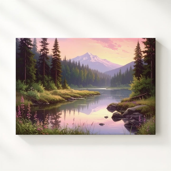 Twilight Forest River Canvas – Serene Mountain Reflection & Soft Sky Landscape - Gifitto