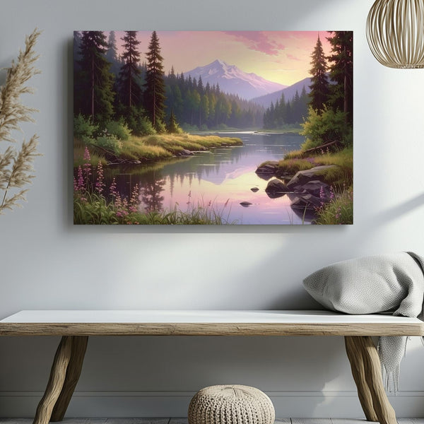 Twilight Forest River Canvas – Serene Mountain Reflection & Soft Sky Landscape - Gifitto