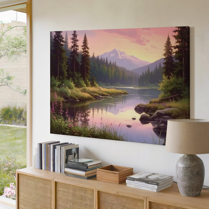 Twilight Forest River Canvas – Serene Mountain Reflection & Soft Sky Landscape - Gifitto