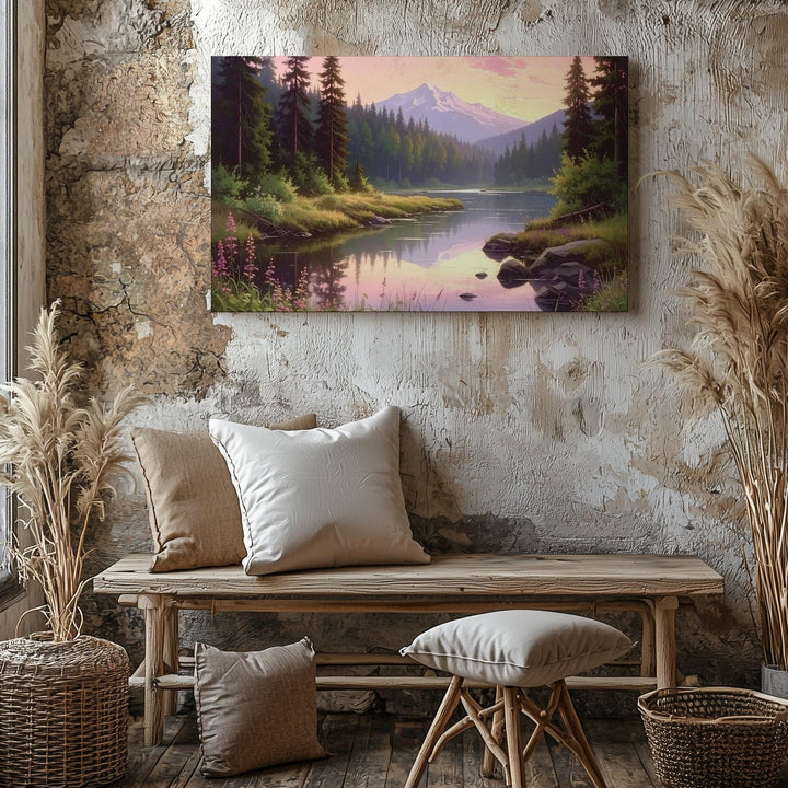 Twilight Forest River Canvas – Serene Mountain Reflection & Soft Sky Landscape - Gifitto