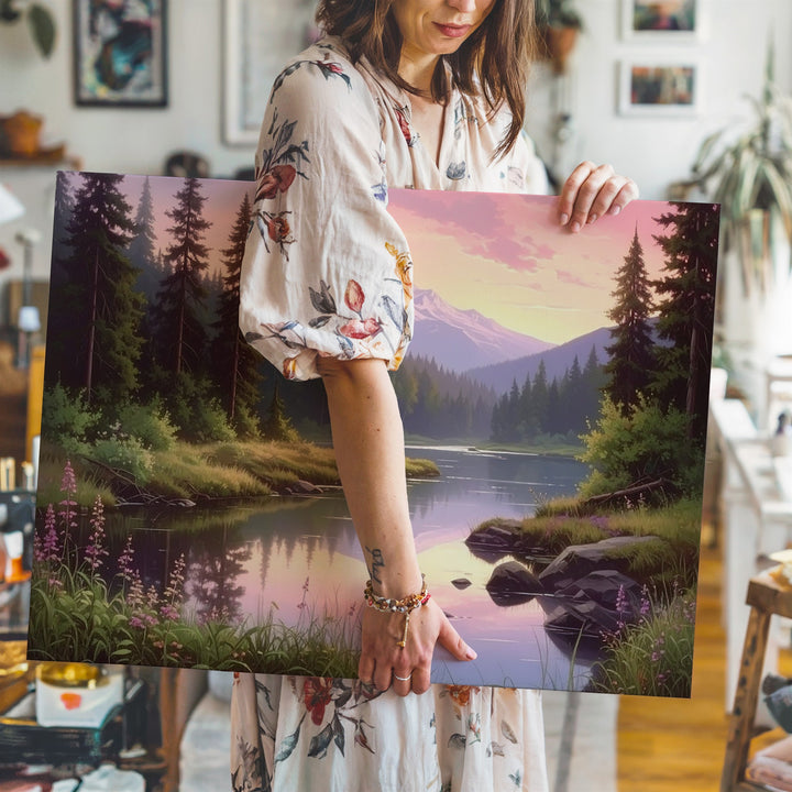 Twilight Forest River Canvas – Serene Mountain Reflection & Soft Sky Landscape - Gifitto