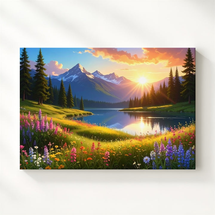 Golden Meadow Lake Canvas – Wildflowers, Sunset Sky & Majestic Mountain Art - Gifitto