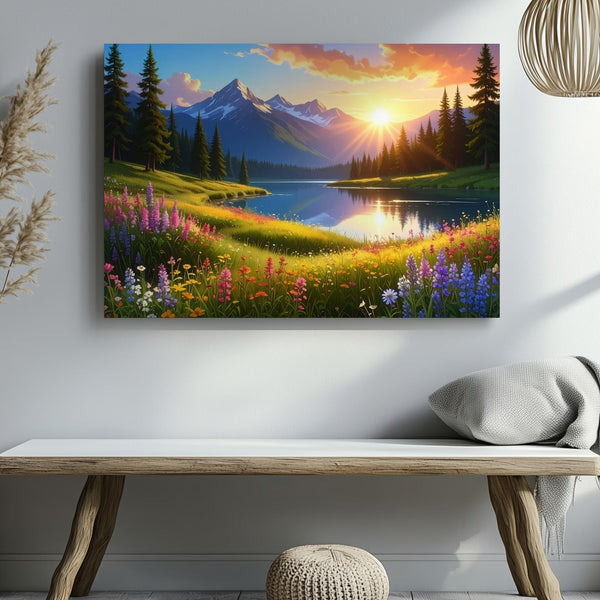 Golden Meadow Lake Canvas – Wildflowers, Sunset Sky & Majestic Mountain Art - Gifitto