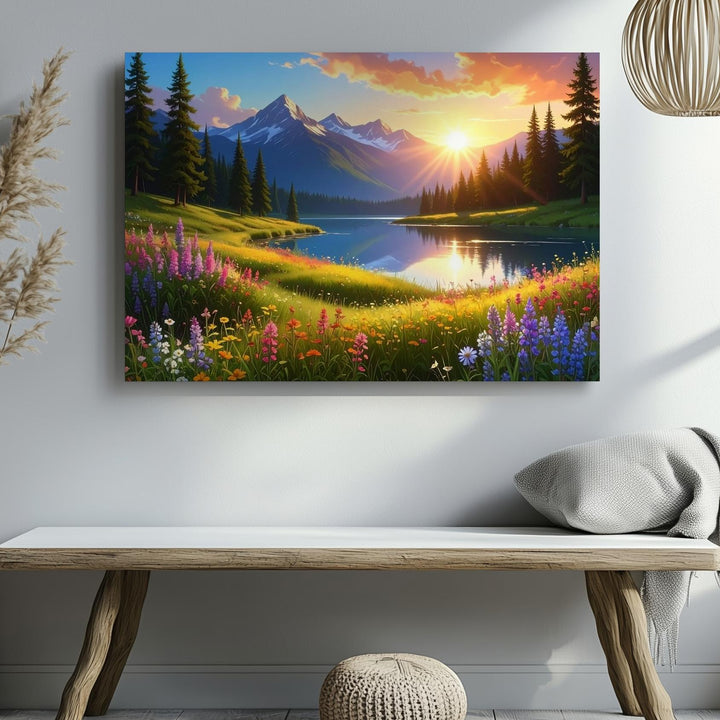 Golden Meadow Lake Canvas – Wildflowers, Sunset Sky & Majestic Mountain Art - Gifitto