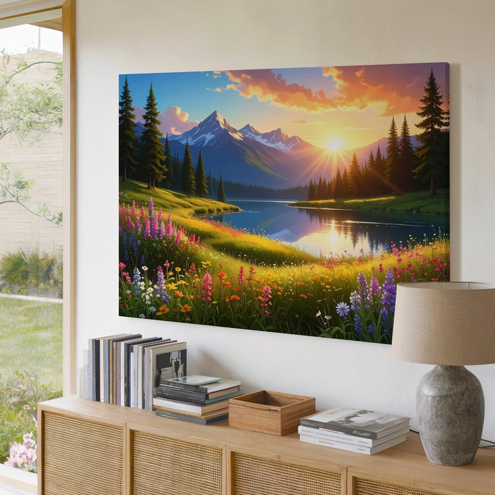 Golden Meadow Lake Canvas – Wildflowers, Sunset Sky & Majestic Mountain Art - Gifitto