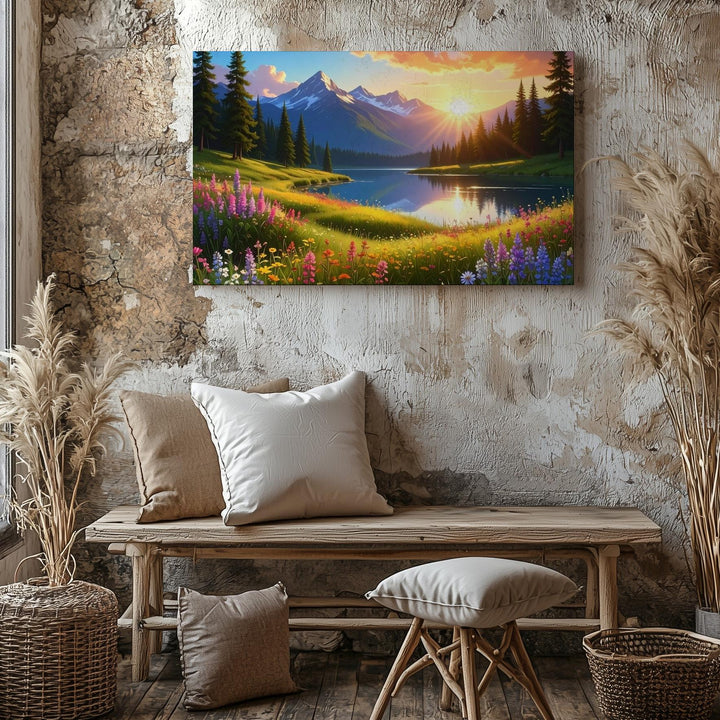 Golden Meadow Lake Canvas – Wildflowers, Sunset Sky & Majestic Mountain Art - Gifitto