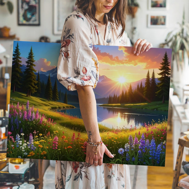 Golden Meadow Lake Canvas – Wildflowers, Sunset Sky & Majestic Mountain Art - Gifitto