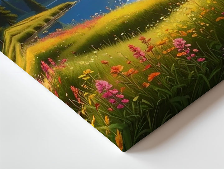 Golden Meadow Lake Canvas – Wildflowers, Sunset Sky & Majestic Mountain Art - Gifitto