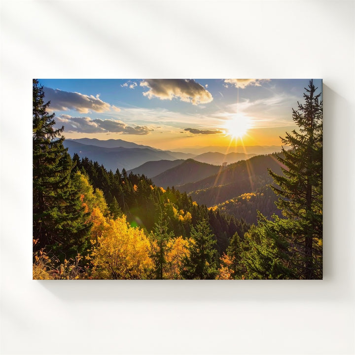 Golden Hour Forest Panorama Canvas – Sunburst Pines & Autumn Mountain Light - Gifitto