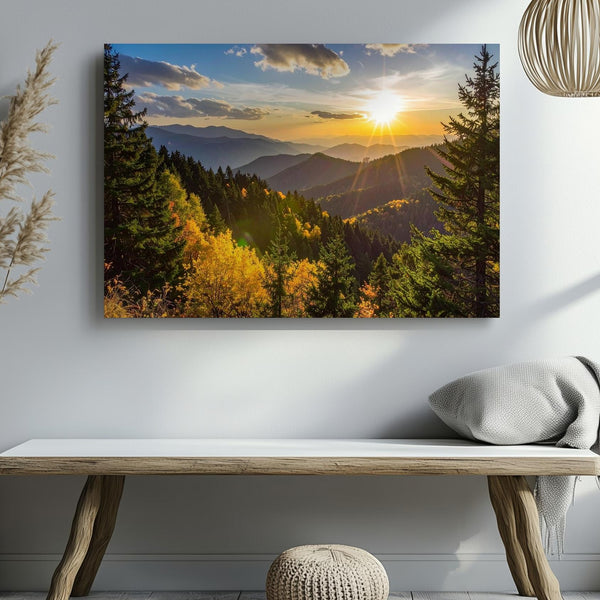 Golden Hour Forest Panorama Canvas – Sunburst Pines & Autumn Mountain Light - Gifitto