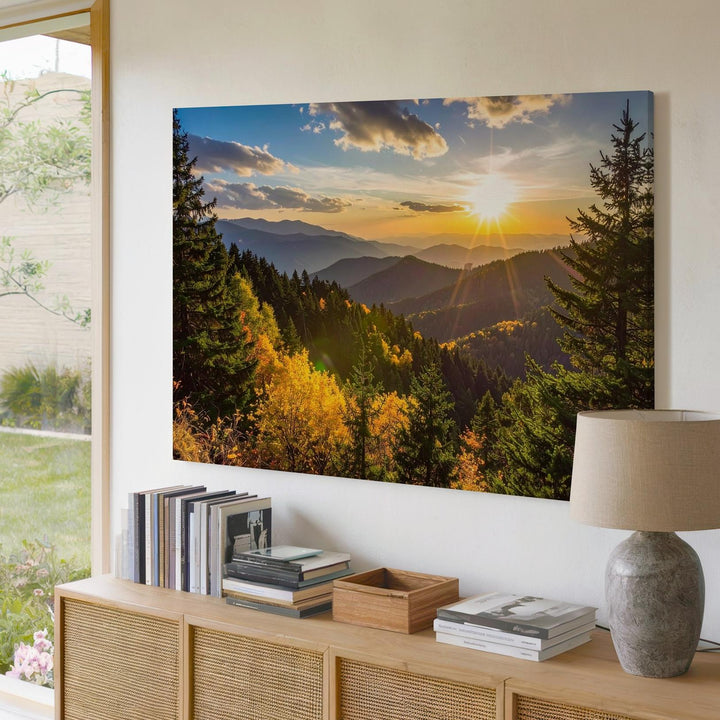 Golden Hour Forest Panorama Canvas – Sunburst Pines & Autumn Mountain Light - Gifitto