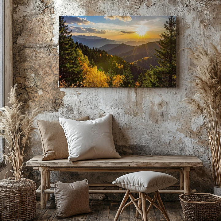 Golden Hour Forest Panorama Canvas – Sunburst Pines & Autumn Mountain Light - Gifitto