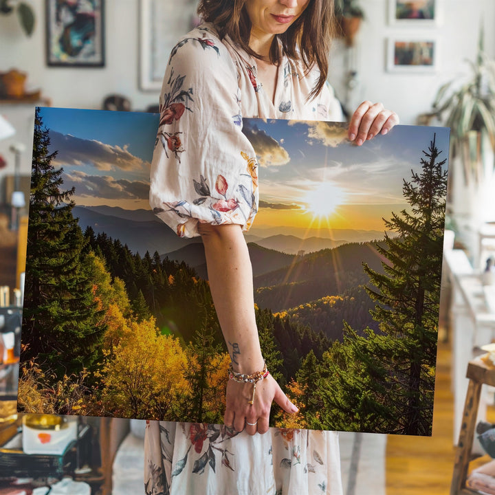 Golden Hour Forest Panorama Canvas – Sunburst Pines & Autumn Mountain Light - Gifitto