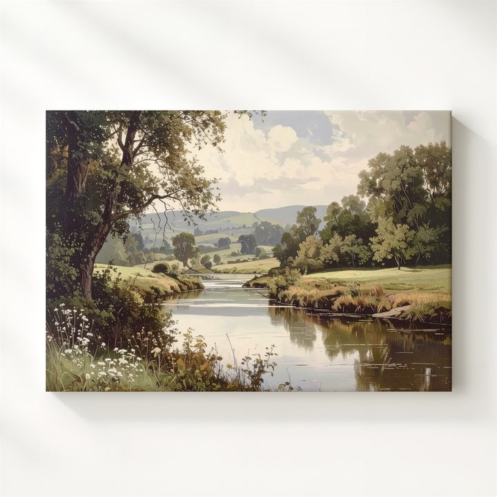 Pastoral River Serenity Canvas – Classical Countryside Landscape with Reflective Water - Gifitto