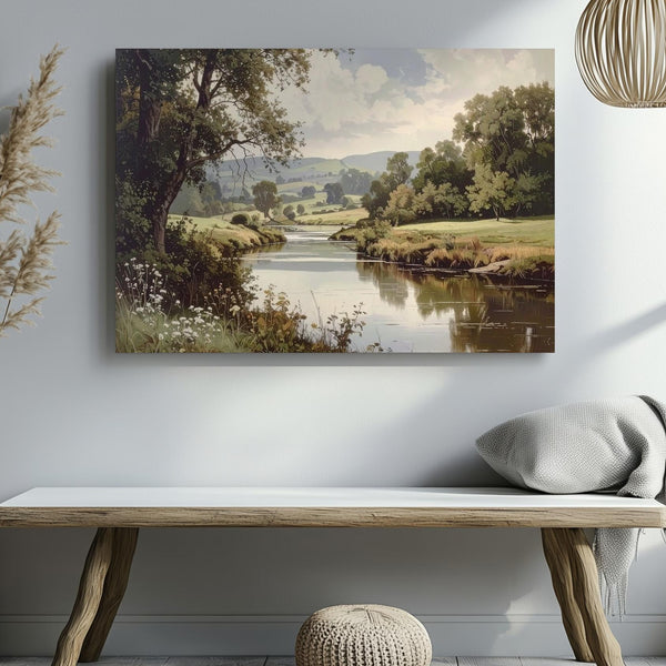 Pastoral River Serenity Canvas – Classical Countryside Landscape with Reflective Water - Gifitto